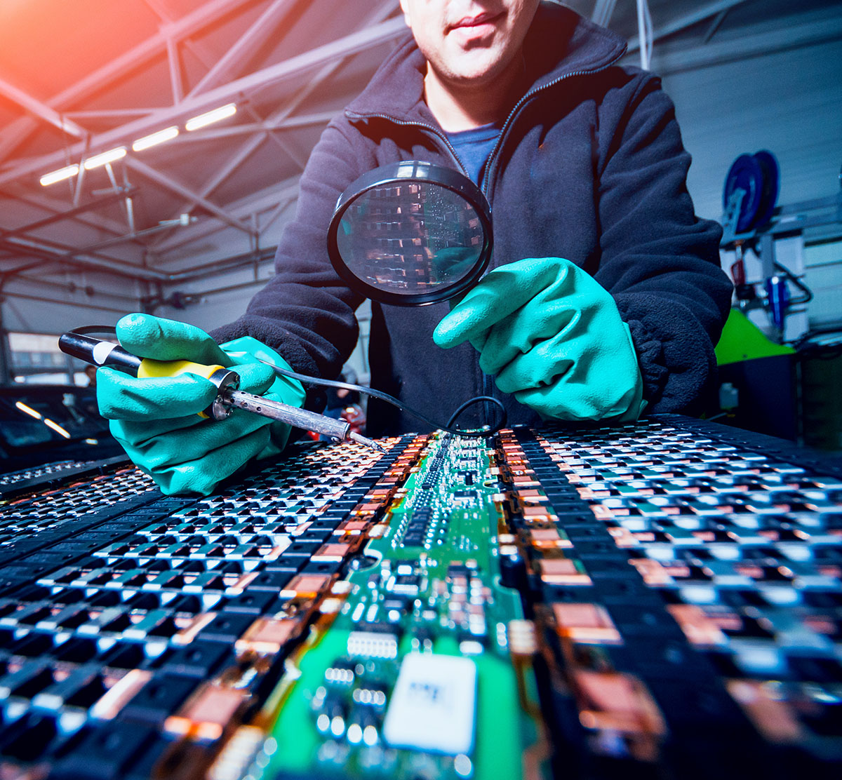 car technician inspecting electric components