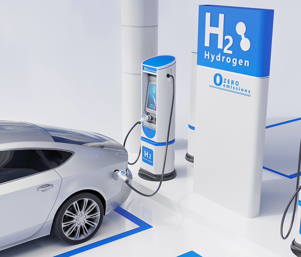 silver hydrogen car at fuelling station
